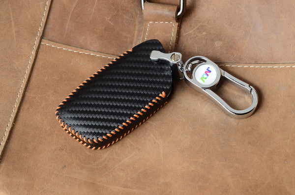 Carbon Fiber Leather Car Key Cover for New MG Hector, Hector Plus, Windsor, Windsor Pro EV Smart Key - Premium PU Case with Keychain