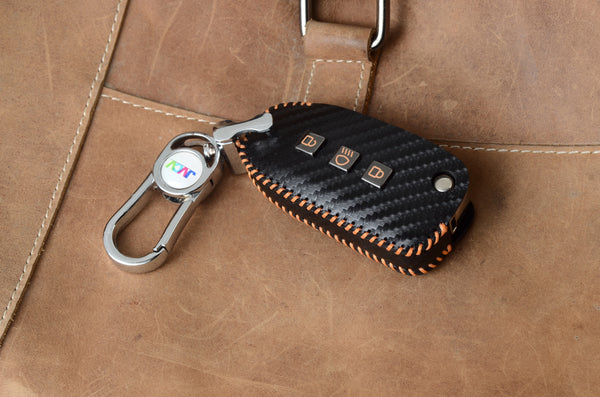 Carbon Fiber Leather Car Key Cover for Tata Tiago Tigor Punch Hexa Nexon Zest Bolt Safari Storme Flip Key - Premium PU case with Keychain