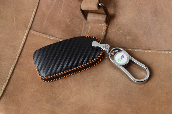 Carbon Fiber Leather Car Key Cover for Tata Tiago Tigor Punch Hexa Nexon Zest Bolt Safari Storme Flip Key - Premium PU case with Keychain