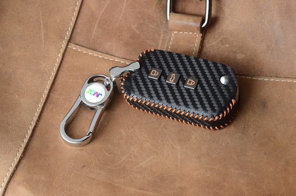 Carbon Fiber Leather Car Key Cover for Mahindra XUV 700, 3XO, Thar, Marazzo, Bolero, Scorpio, Scorpio N, XUV 300, XUV 400 EV, Thar Roxx - Premium PU Case with Keychain