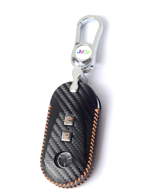 JVCV® Handmade Carbon-Fiber Pattern Leather Key Cover – Mercedes 3‑Button Smart Key (with Keychain)