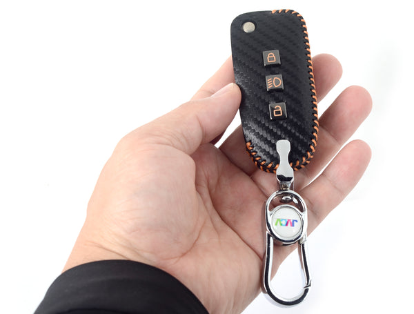 Carbon Fiber Leather Car Key Cover for Tata Tiago Tigor Punch Hexa Nexon Zest Bolt Safari Storme Flip Key - Premium PU case with Keychain