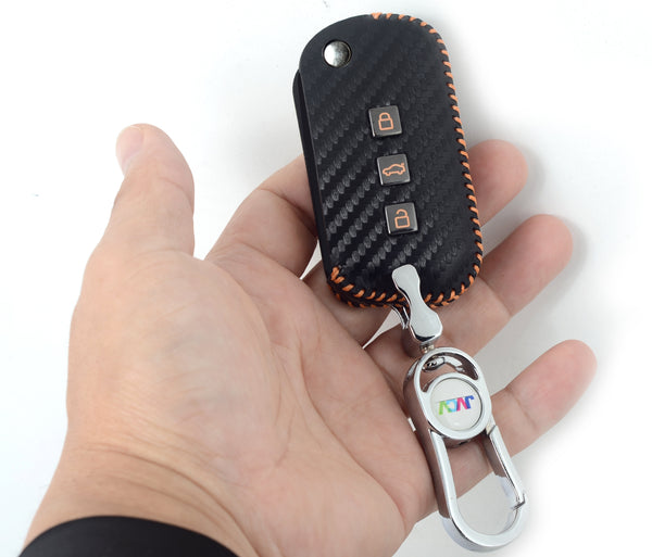 Carbon Fiber Leather Car Key Cover for Mahindra XUV 700, 3XO, Thar, Marazzo, Bolero, Scorpio, Scorpio N, XUV 300, XUV 400 EV, Thar Roxx - Premium PU Case with Keychain