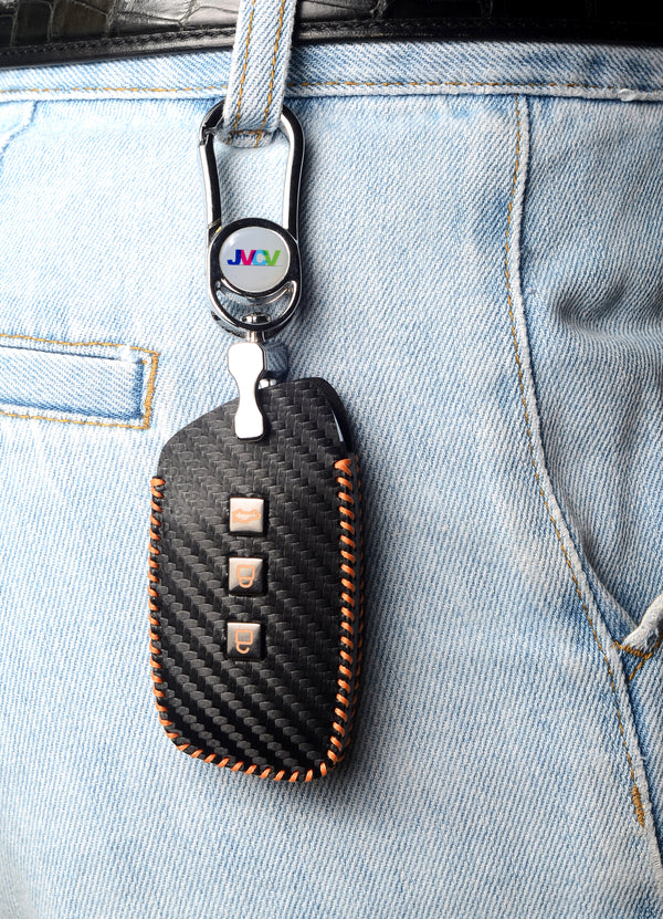 Carbon Fiber Leather Car Key Cover for New MG Hector, Hector Plus, Windsor, Windsor Pro EV Smart Key - Premium PU Case with Keychain