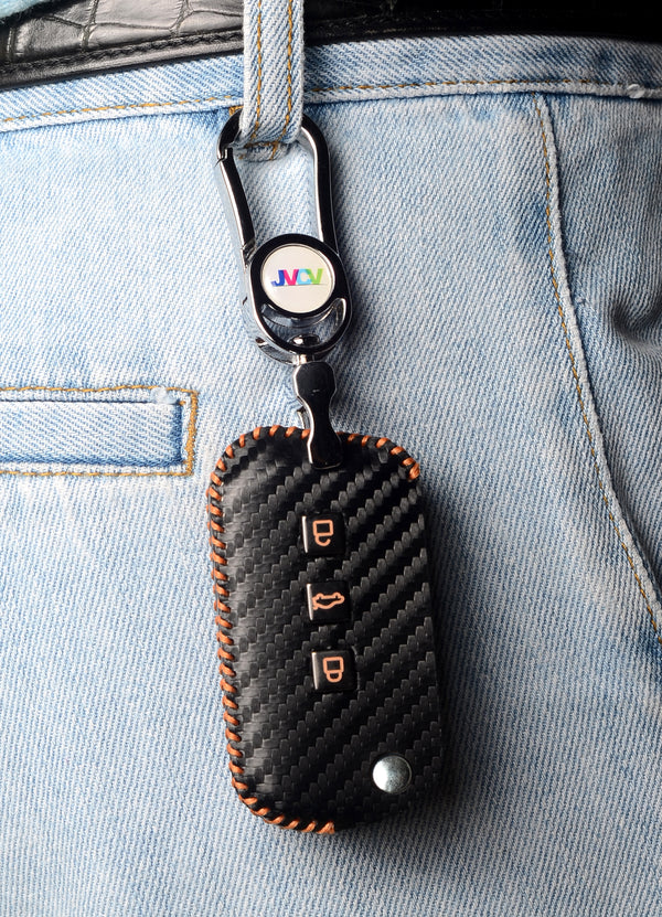 Carbon Fiber Leather Car Key Cover for Mahindra XUV 700, 3XO, Thar, Marazzo, Bolero, Scorpio, Scorpio N, XUV 300, XUV 400 EV, Thar Roxx - Premium PU Case with Keychain