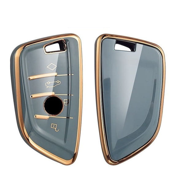 JVCV® Gold Border TPU Key Cover Compatible with BMW X1 X3 X5 X6 5 Series 6 Series 7 Series 3/4 Button Blade Smart Key – Glossy Protective Key Case