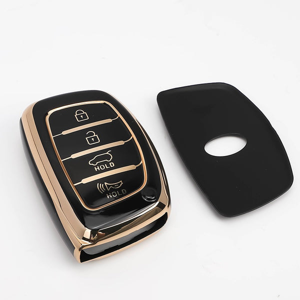 JVCV® Gold Border TPU Key Cover – Compatible with Hyundai Creta, Venue, i20, Tucson, Elantra – 4 Button Smart Key
