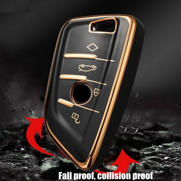 JVCV® Gold Border TPU Key Cover Compatible with BMW X1 X3 X5 X6 5 Series 6 Series 7 Series 3/4 Button Blade Smart Key – Glossy Protective Key Case