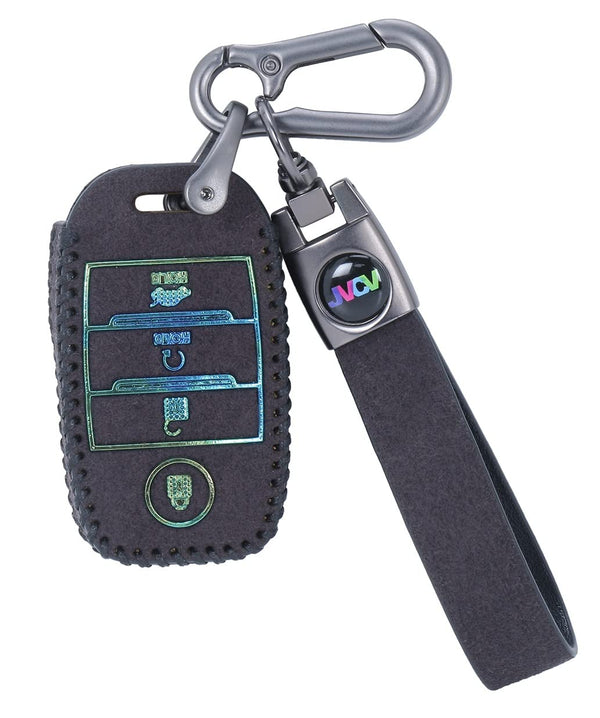JVCV® Suede Leather Key Cover Compatible with Kia Sonet Seltos Carens 4 Button Smart Key