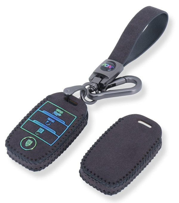 JVCV® Suede Leather Key Cover Compatible with Kia Sonet Seltos Carens 4 Button Smart Key