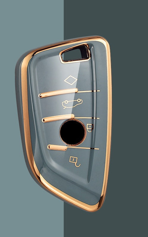 JVCV® Gold Border TPU Key Cover Compatible with BMW X1 X3 X5 X6 5 Series 6 Series 7 Series 3/4 Button Blade Smart Key – Glossy Protective Key Case