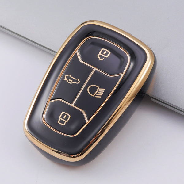 JVCV® Gold Border TPU Key Cover – Compatible with Tata Nexon, Harrier, Tiago, Altroz, Tigor, Safari, Punch, Nexon EV – 4 Button Smart Key
