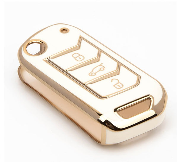JVCV® Gold Border TPU Car Key Cover – Compatible with Mahindra XUV700, 3XO, Thar, Scorpio, Scorpio N & More – 3 Button Flip Key
