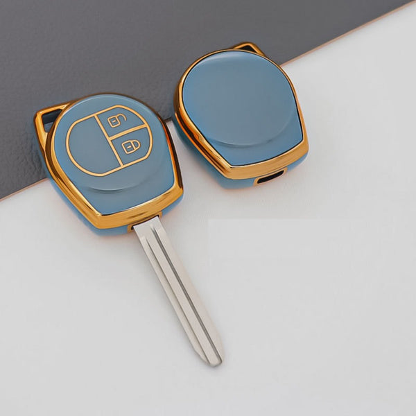 JVCV® Gold Border TPU Key Cover – Compatible with Swift, Ertiga, WagonR, Celerio, Dzire, Alto, Eeco, Brezza, S-Presso, Ignis – 2 Button Remote Key