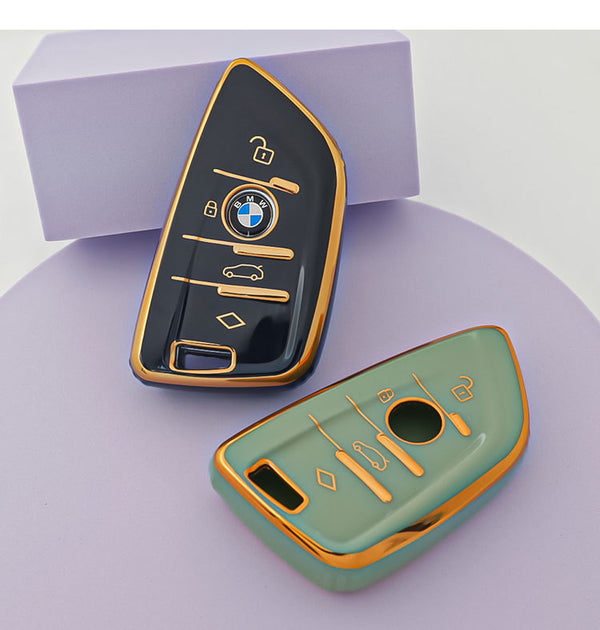 JVCV® Gold Border TPU Key Cover Compatible with BMW X1 X3 X5 X6 5 Series 6 Series 7 Series 3/4 Button Blade Smart Key – Glossy Protective Key Case