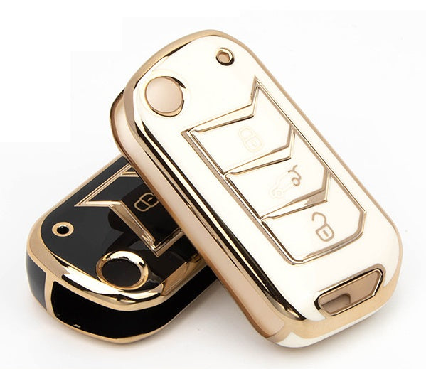 JVCV® Gold Border TPU Car Key Cover – Compatible with Mahindra XUV700, 3XO, Thar, Scorpio, Scorpio N & More – 3 Button Flip Key