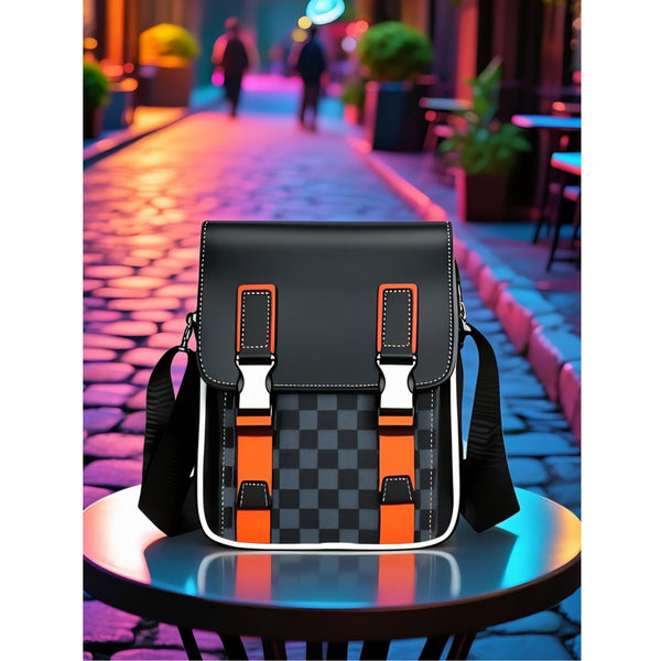 JVCV® Men’s Premium Messenger Bag – Stylish PU Leather Crossbody Shoulder Bag with Adjustable Strap & Unique Checkered Design – Perfect for Work & Travel