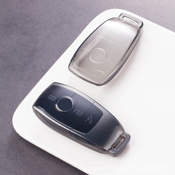 JVCV® Soft TPU Key Cover Combo (Matte Black + Transparent Black) – Compatible with Benz E Series Smart Key