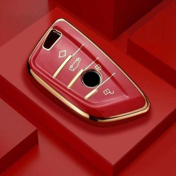 JVCV® Gold Border TPU Key Cover Compatible with BMW X1 X3 X5 X6 5 Series 6 Series 7 Series 3/4 Button Blade Smart Key – Glossy Protective Key Case