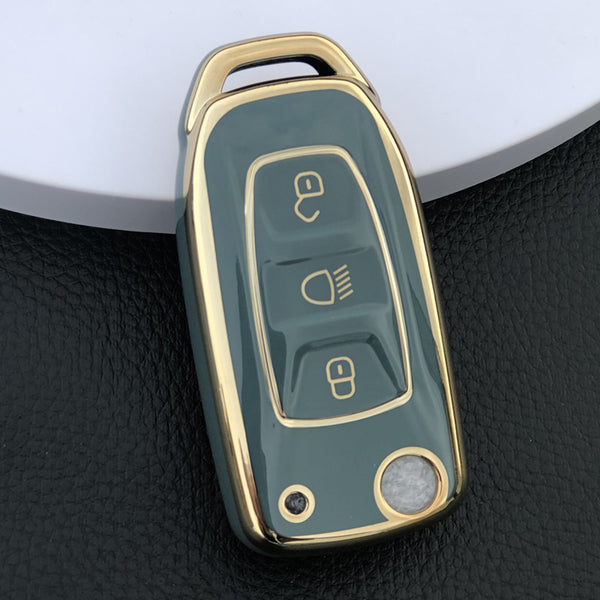 JVCV® Gold Border TPU Key Cover – Compatible with Tata Curvv, Tiago, Tigor, Punch, Hexa, Nexon, Zest, Bolt, Safari Storme – Flip Key