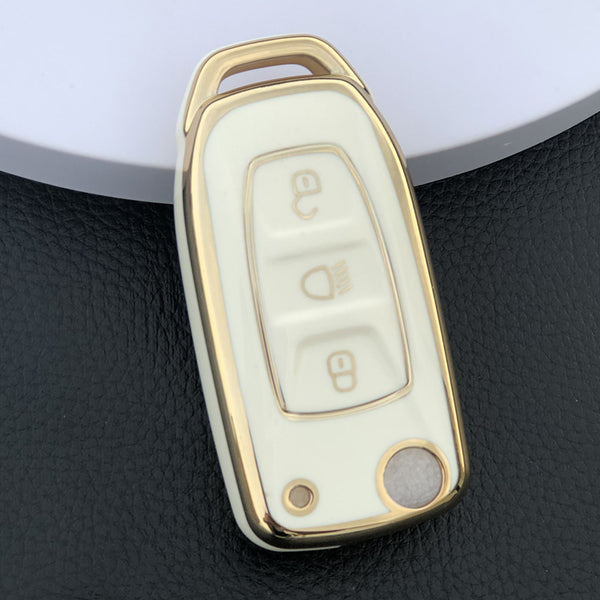 JVCV® Gold Border TPU Key Cover – Compatible with Tata Curvv, Tiago, Tigor, Punch, Hexa, Nexon, Zest, Bolt, Safari Storme – Flip Key