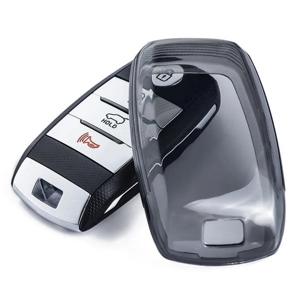 JVCV® Soft TPU Transparent Cover Compatible with Kia Seltos Sonet Carens 3 and 4 Button Smart Key (Transparent Black)