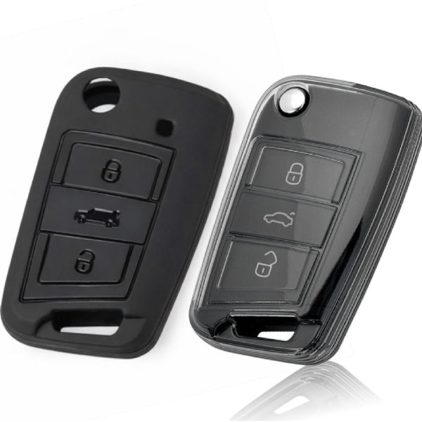 JVCV® Soft TPU Key Cover Combo (Matte Black + Transparent Black) – Compatible with Skoda Kushaq, Taigun, Tiguan, Virtus, Octavia, Kodiaq & Superb – Folding Key