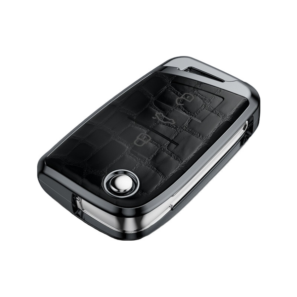 JVCV® Crocodile Pattern ABS Key Cover (Black) with Keychain – Compatible with Skoda & VW Folding Keys