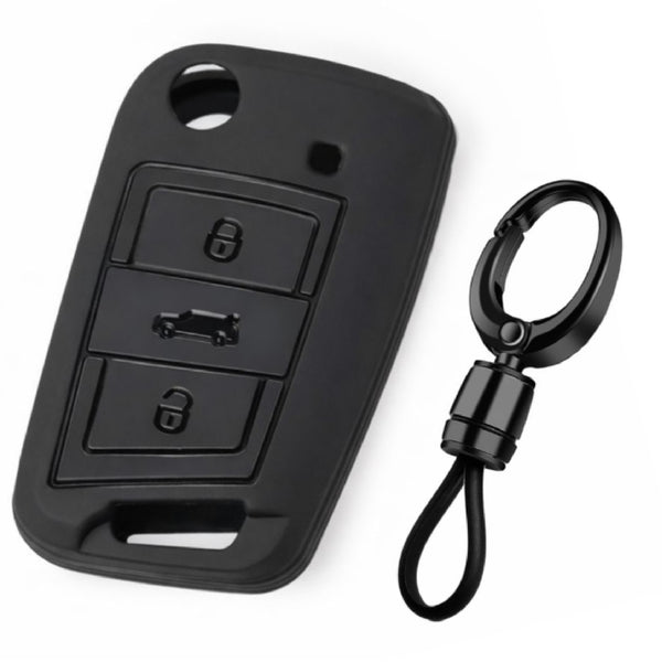 JVCV® Soft TPU Key Cover with Premium Metal Keychain – Matte Black Pattern – Compatible with Skoda Kushaq, Taigun, Tiguan, Virtus, Octavia, Kodiaq & Superb – Folding Key