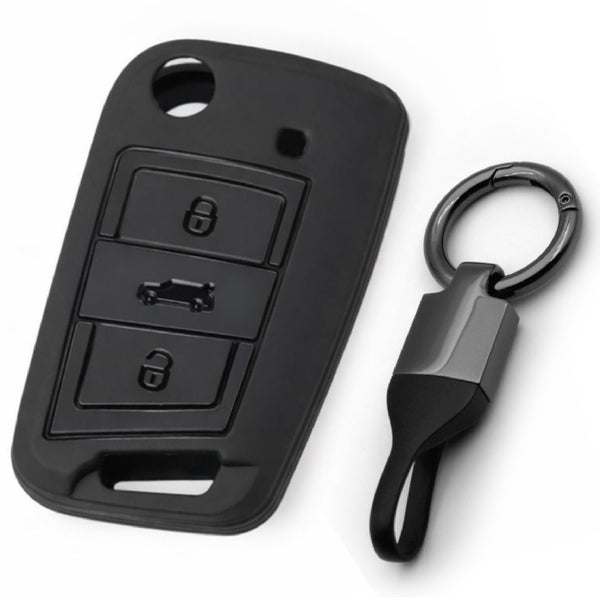 JVCV® Soft TPU Key Cover with Premium Metal Keychain – Matte Black Pattern – Compatible with Skoda Kushaq, Taigun, Tiguan, Virtus, Octavia, Kodiaq & Superb – Folding Key