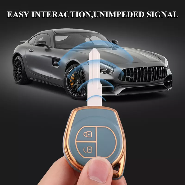 JVCV® Gold Border TPU Key Cover – Compatible with Swift, Ertiga, WagonR, Celerio, Dzire, Alto, Eeco, Brezza, S-Presso, Ignis – 2 Button Remote Key