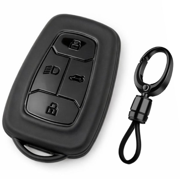 JVCV® Soft TPU Key Cover with Premium Metal Keychain – Matte Black Pattern – Compatible with Tata Nexon EV, Harrier, Tiago EV, Altroz, Tigor, Safari & Punch – 4 Button Smart Key