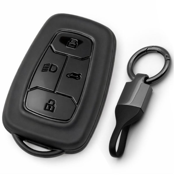 JVCV® Soft TPU Key Cover with Premium Metal Keychain – Matte Black Pattern – Compatible with Tata Nexon EV, Harrier, Tiago EV, Altroz, Tigor, Safari & Punch – 4 Button Smart Key