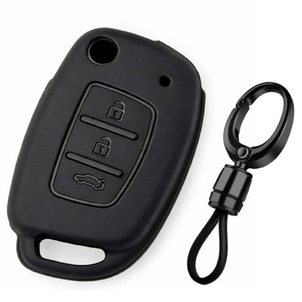JVCV® Soft TPU Key Cover with Premium Metal Keychain – Matte Black Pattern – Compatible with Hyundai Creta, Venue, Aura, Elite i20, Grand i10 Nios & Xcent – 3 Button Flip Key