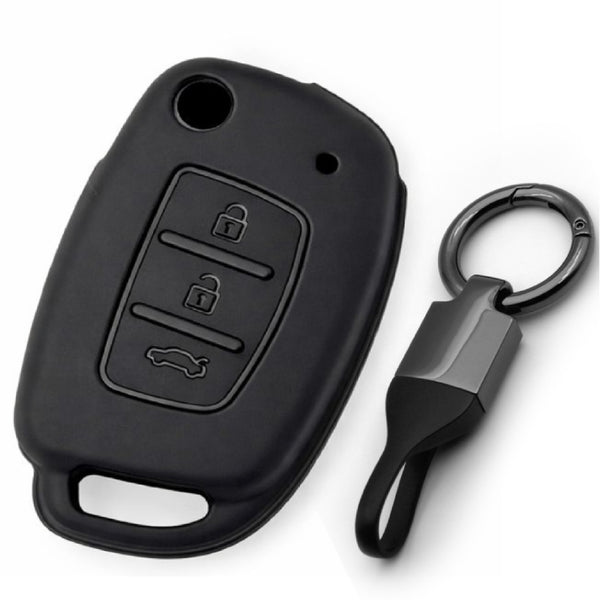 JVCV® Soft TPU Key Cover with Premium Metal Keychain – Matte Black Pattern – Compatible with Hyundai Creta, Venue, Aura, Elite i20, Grand i10 Nios & Xcent – 3 Button Flip Key