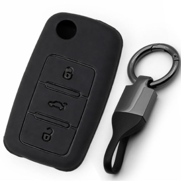 JVCV® Soft TPU Key Cover with Premium Metal Keychain – Matte Black Pattern – Compatible with Volkswagen Polo, Vento, Jetta, Ameo, Passat & Skoda Rapid, Laura, Superb, Octavia, Fabia, Yeti – Folding Key