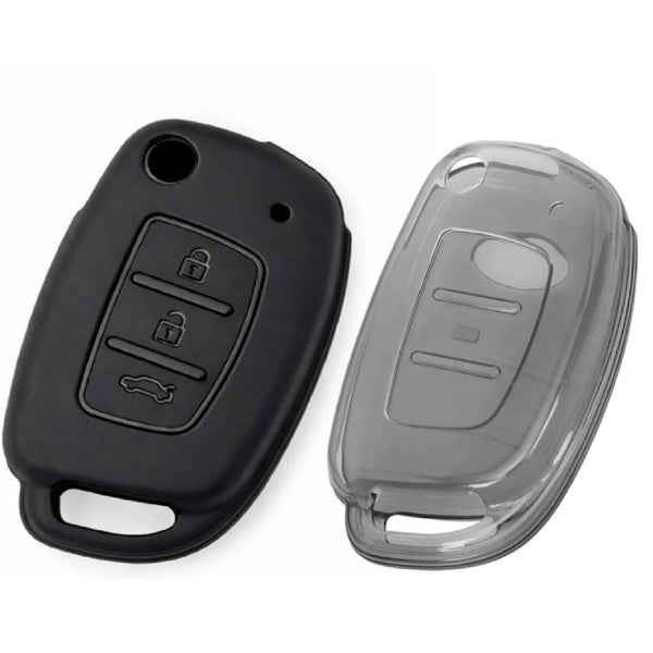 JVCV® Soft TPU Key Cover Combo (Matte Black + Transparent Black) – Compatible with Hyundai Creta, Venue, Aura, Elite i20, Grand i10 Nios & Xcent – 3 Button Flip Key