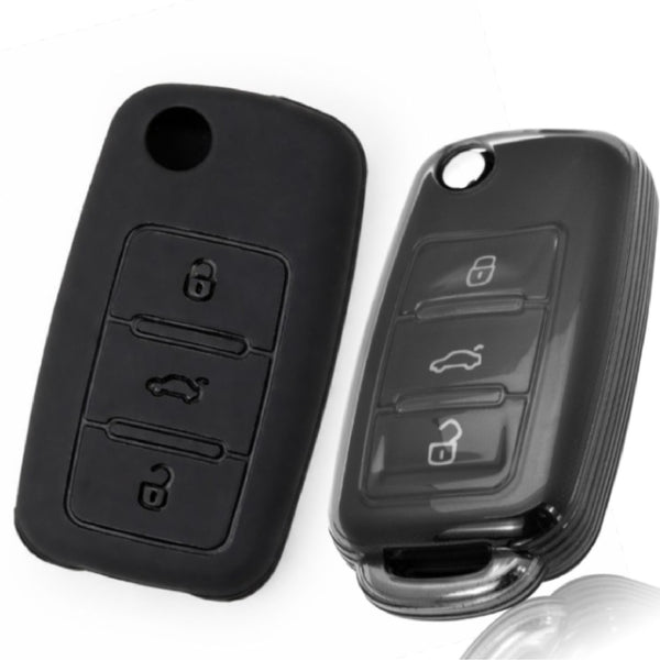 JVCV® Soft TPU Key Cover Combo (Matte Black + Transparent Black) – Compatible with Volkswagen Polo, Vento, Jetta, Ameo, Passat & Skoda Rapid, Laura, Superb, Octavia, Fabia, Yeti – Folding Key