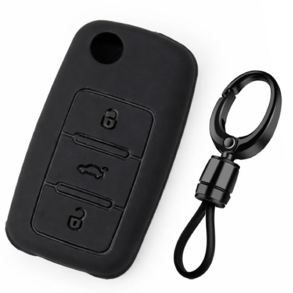 JVCV® Soft TPU Key Cover with Premium Metal Keychain – Matte Black Pattern – Compatible with Volkswagen Polo, Vento, Jetta, Ameo, Passat & Skoda Rapid, Laura, Superb, Octavia, Fabia, Yeti – Folding Key