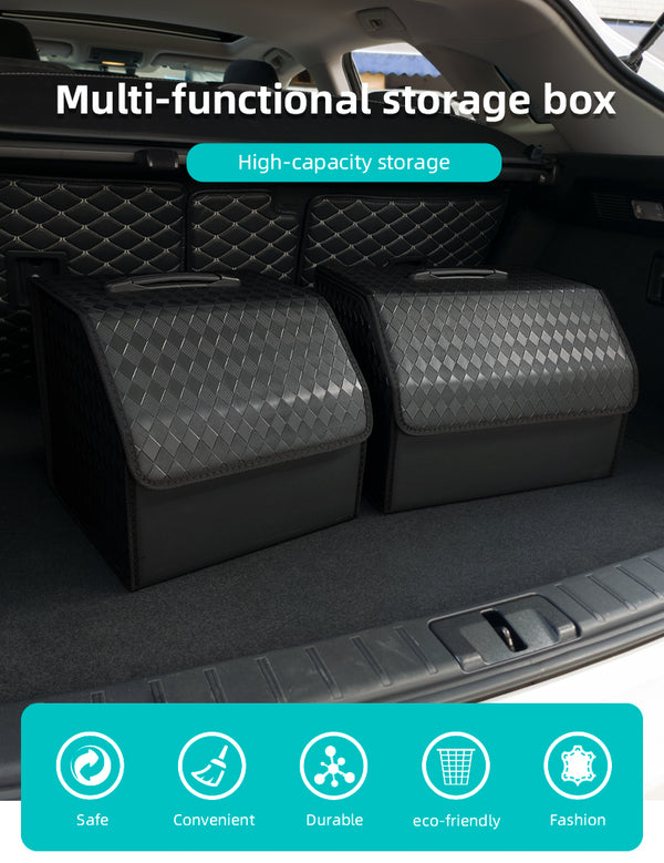 JVCV® Stylish Embossed PU Leather Car Trunk Organizer – Foldable Multipurpose Car Boot Storage Box with Handle