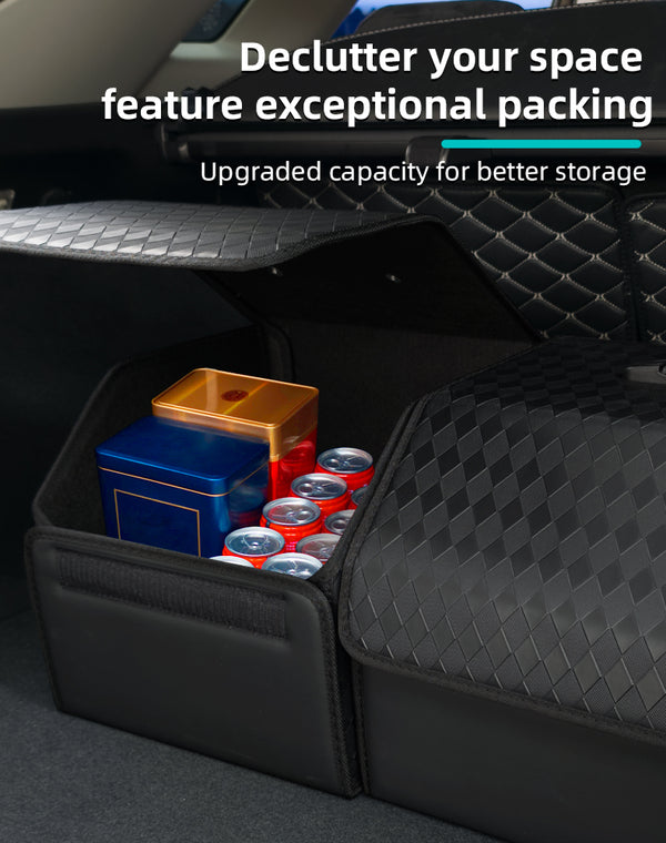 JVCV® Stylish Embossed PU Leather Car Trunk Organizer – Foldable Multipurpose Car Boot Storage Box with Handle