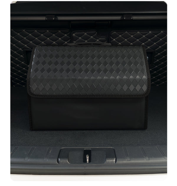 JVCV® Stylish Embossed PU Leather Car Trunk Organizer – Foldable Multipurpose Car Boot Storage Box with Handle