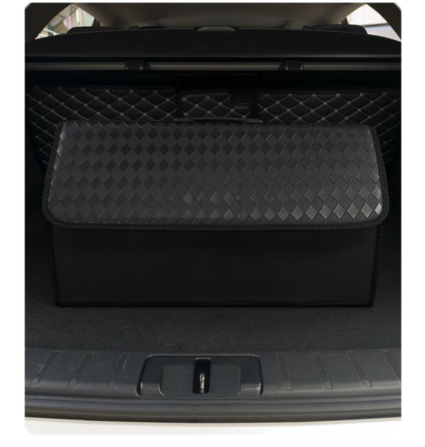 JVCV® Stylish Embossed PU Leather Car Trunk Organizer – Foldable Multipurpose Car Boot Storage Box with Handle
