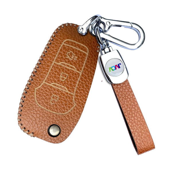 JVCV® Soft Handmade Lychee Pattern Leather Key Cover Compatible with Ford Endeavour Figo Aspire Freestyle 3 Button Folding Key