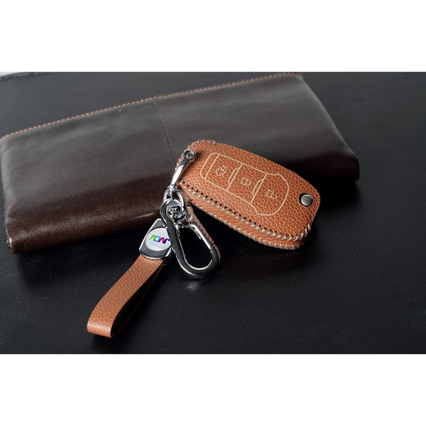 JVCV® Soft Handmade Lychee Pattern Leather Key Cover Compatible with Ford Endeavour Figo Aspire Freestyle 3 Button Folding Key