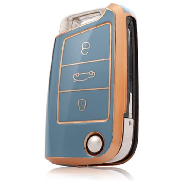 JVCV® Gold Border TPU Key Cover – Compatible with Skoda Kylaq, Slavia, Kushaq, Octavia, Kodiaq, Superb & VW Taigun, Tiguan, Virtus, T-ROC – Folding Key