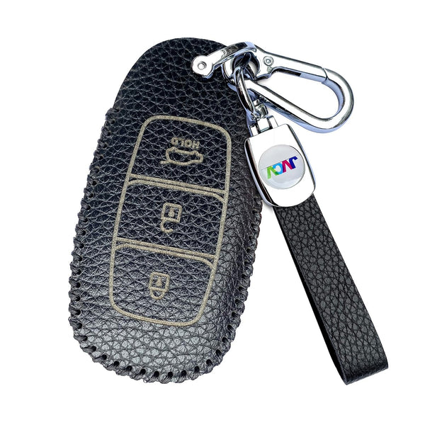 JVCV® Soft Handmade Lychee Pattern Leather Key Cover Compatible with Hyundai New Verna & New i20 3 Button Smart Key