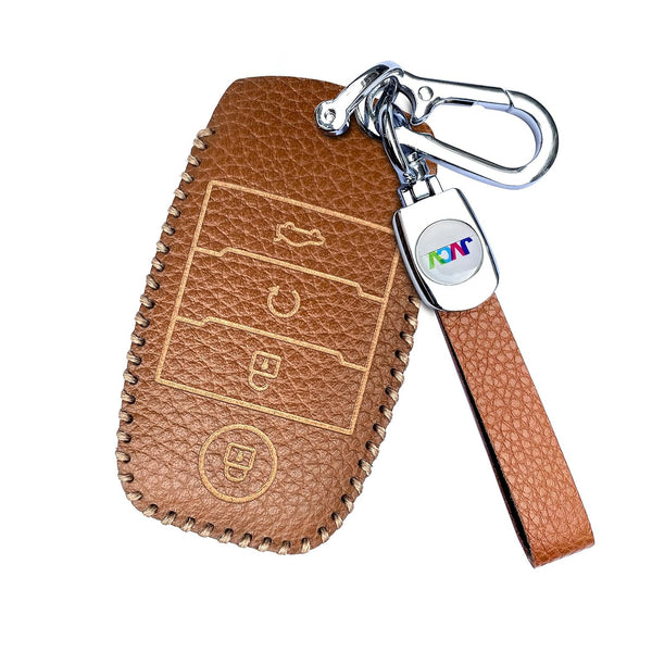JVCV® Soft Handmade Lychee Pattern Leather Key Cover Compatible with Kia Sonet Seltos Carens 4 Button Smart Key