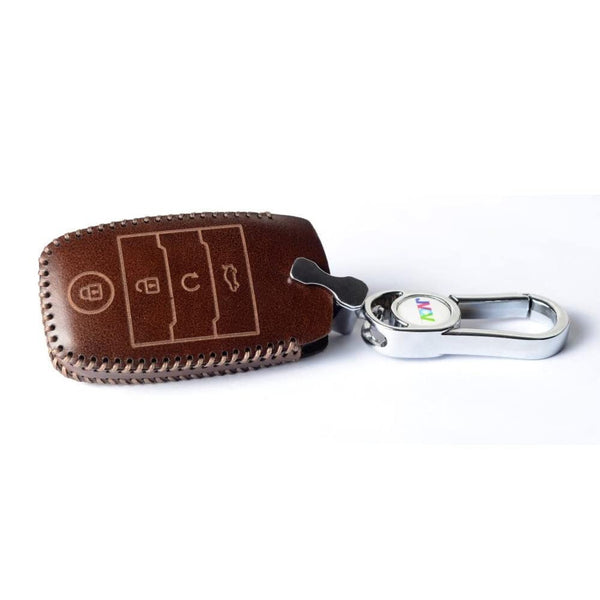 JVCV® Car Styling Soft Handmade Leather Key Cover Compatible with Kia Seltos Sonet Carens 4 Button Smart Key - Verify Key Button and Shape Before Ordering