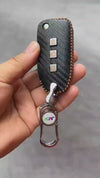 Carbon Fiber Leather Car Key Cover for Tata Tiago Tigor Punch Hexa Nexon Zest Bolt Safari Storme Flip Key - Premium PU case with Keychain